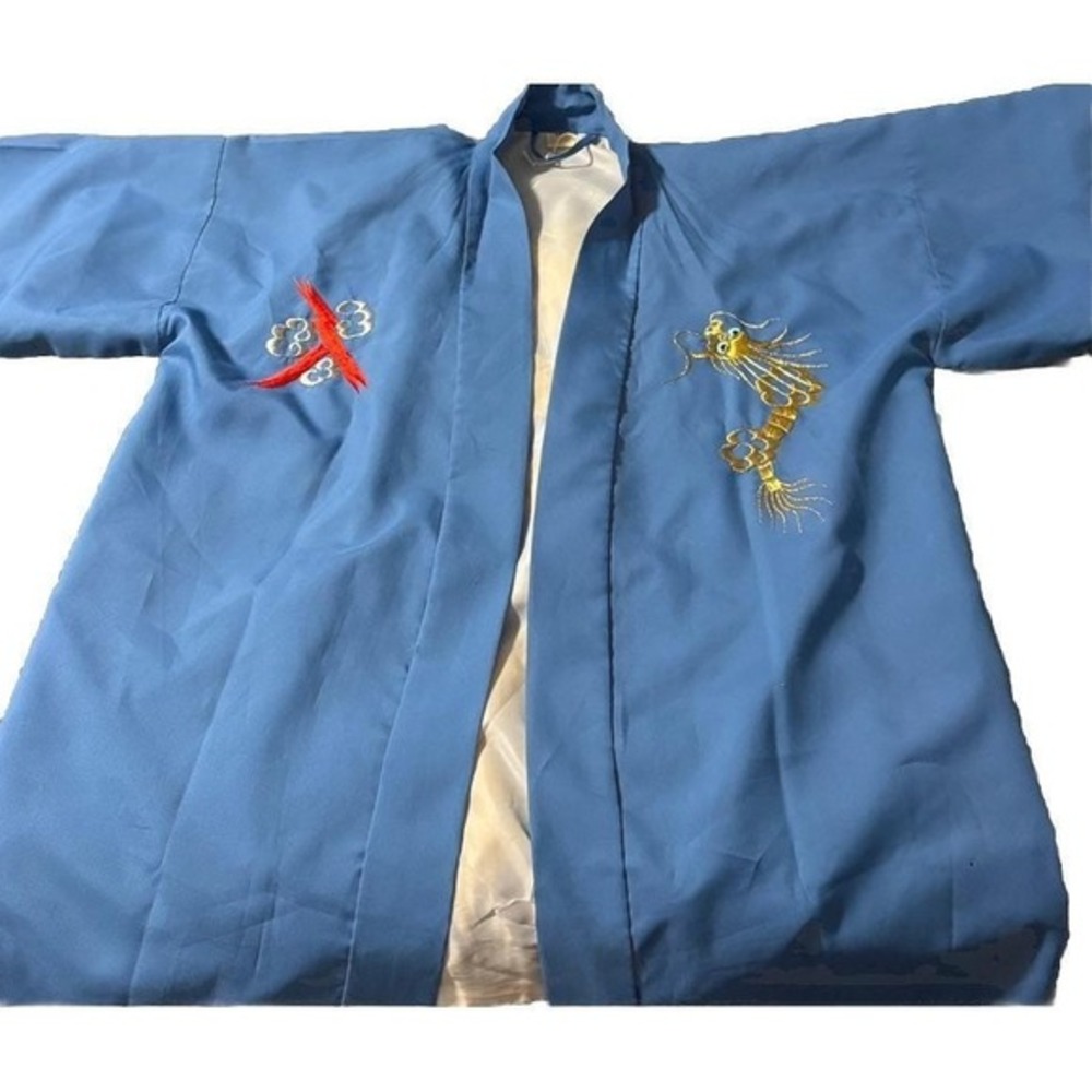 Vintage‎ Made in Japan Blue Dragon Embroidered Kimono Robe Gold Dragon LL Large